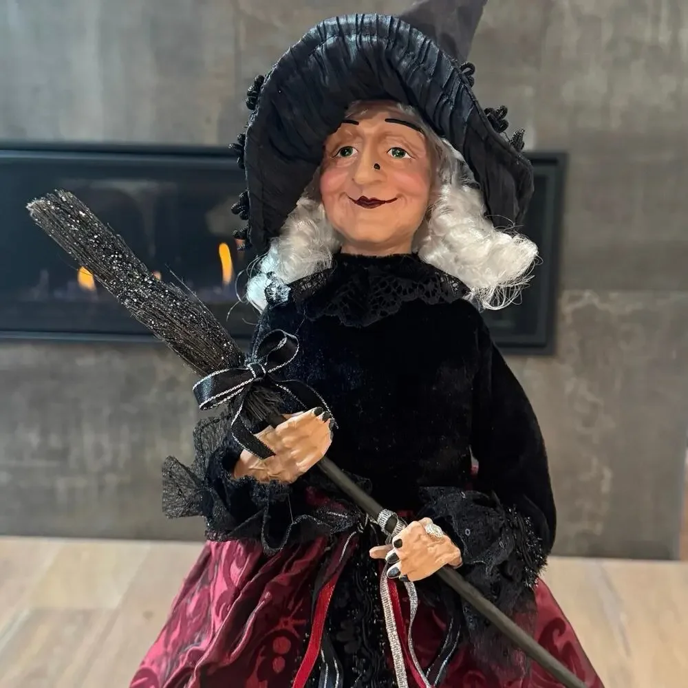 Bella Lux 24” Halloween Witch Doll Shelf Sitter Matilda Burgundy Brocade Broom